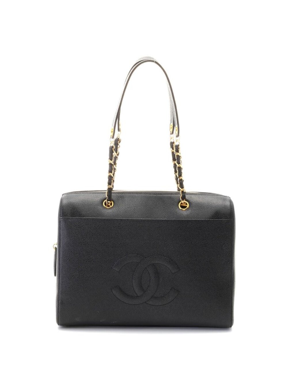 Chanel CC Logo Chain Shoulder Boston Bag Black Caviar Leather